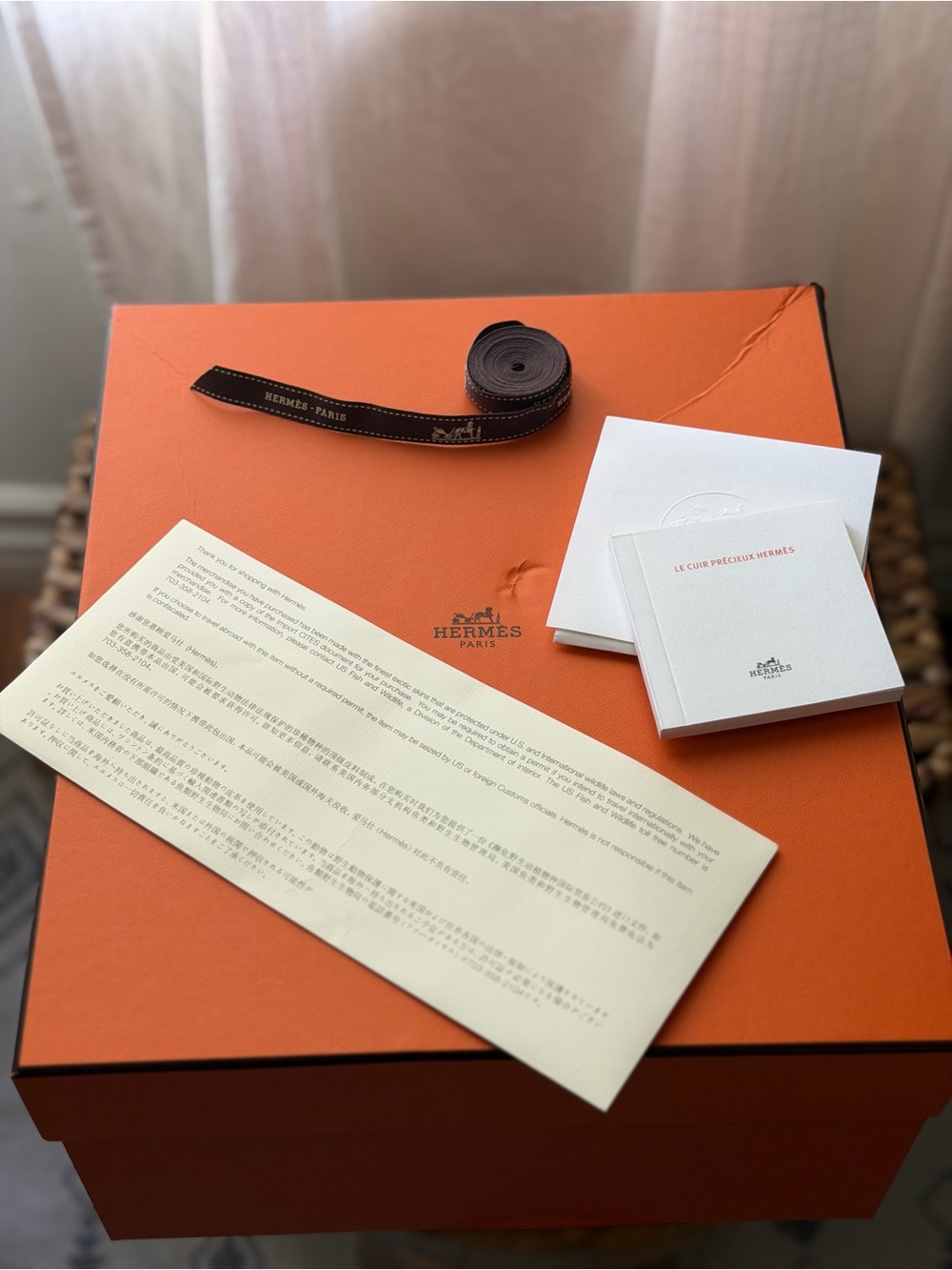 Authentic Hermès Orange Gift Box with Ribbon, Care Booklet & Envelope - Empty